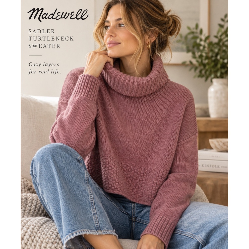 Madewell Sadler Turtleneck Sweater S Heather Mauve Merino Wool Boxy Crop